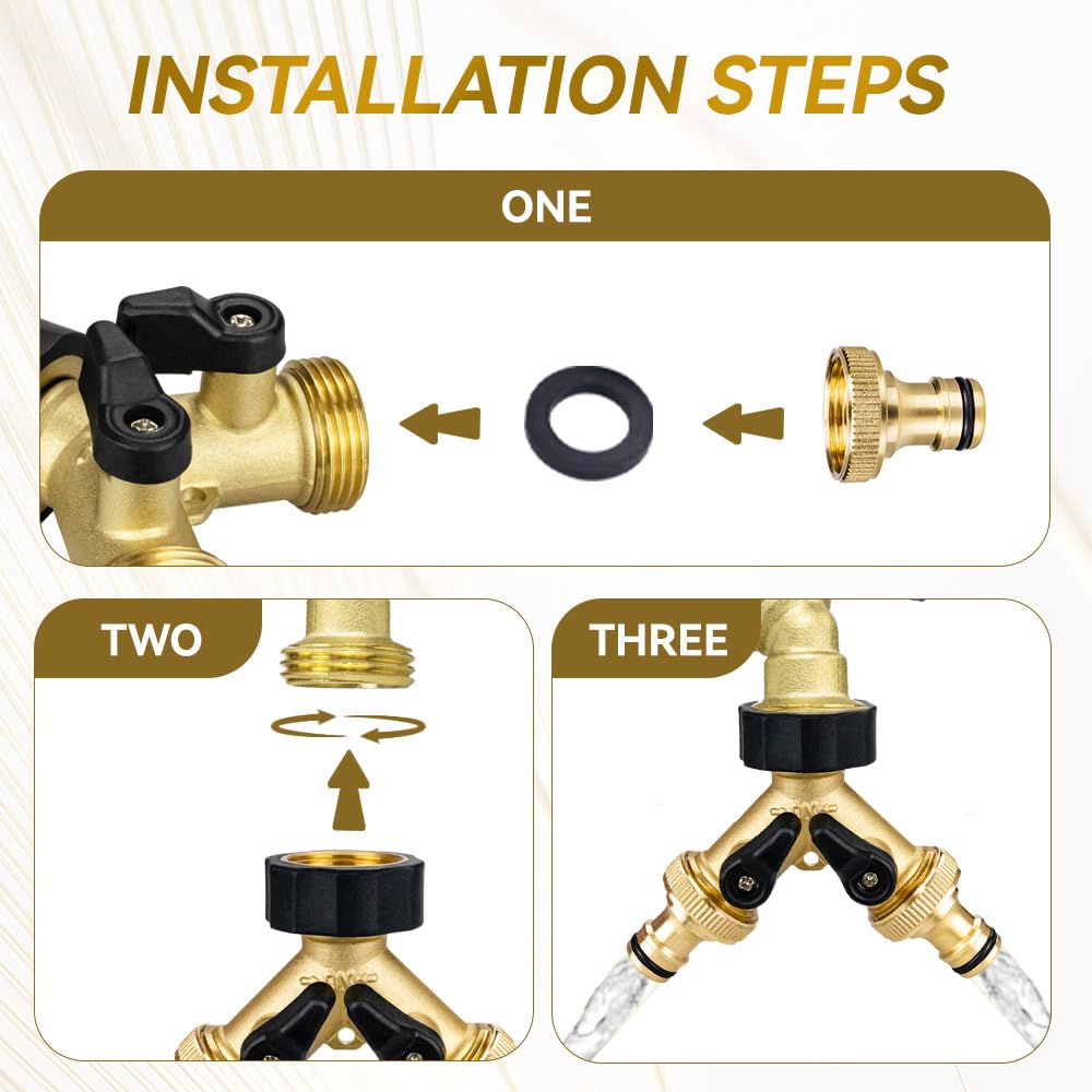 TMOK Garden Hose Splitter 2 Way With 2 Brass Nipple Connector,Heavy Duty Brass Hose Connector Tap Splitter, Y Splitter 2 Valves And Outdoor Faucet with 4 Extra Rubber Washers
