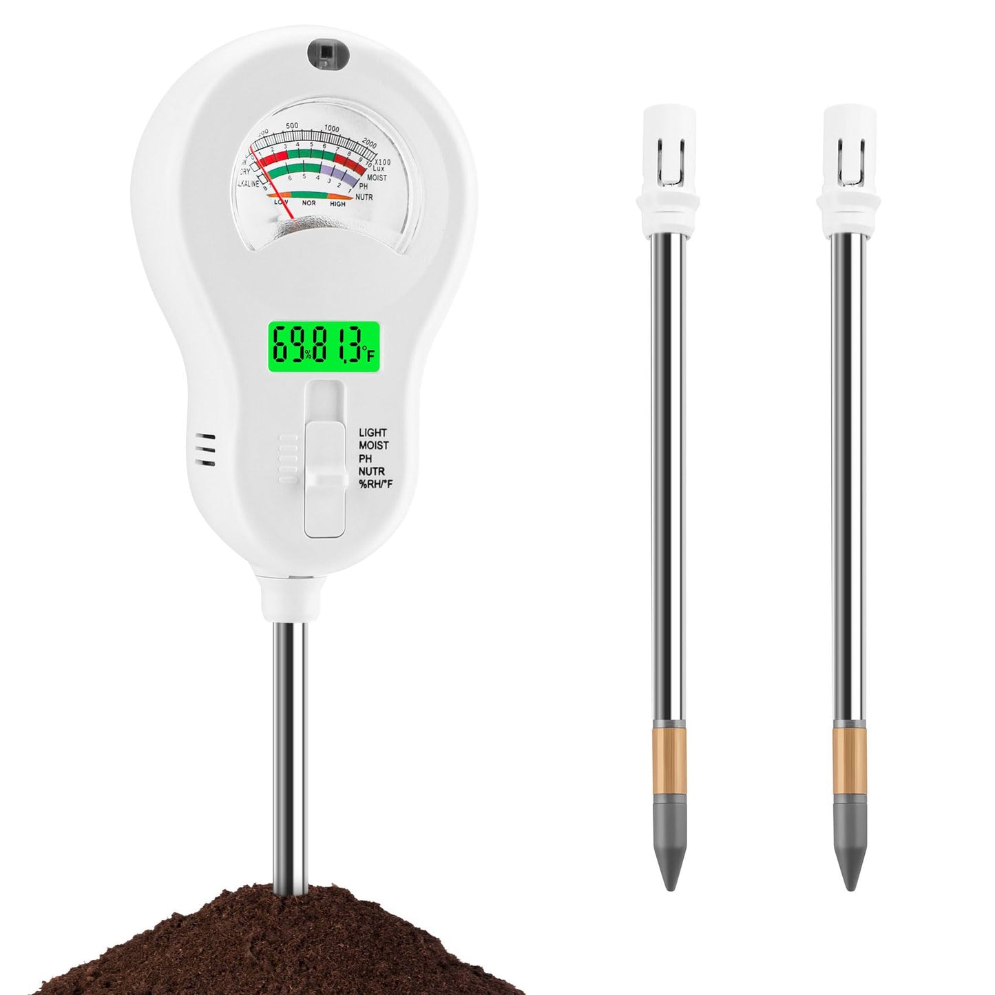 peccera 6-in-1 Soil Test Kit with 3 Replaceable Probes, Soil Tester for Gardening, Plant Water Meter, Soil pH Tester for Soil Fertilizer, Sunlight & LCD Display Air Temperature Humidity Sensor