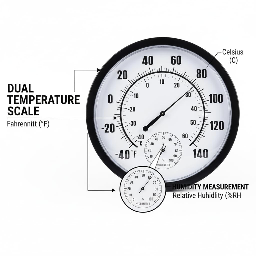 QTengCX 10 Inch Large Indoor Outdoor Thermometer & Hygrometer - Waterproof Analog Wall Thermometer for Patio, Garden, Garage, Greenhouse - Decorative Dial, No Battery Needed, Black