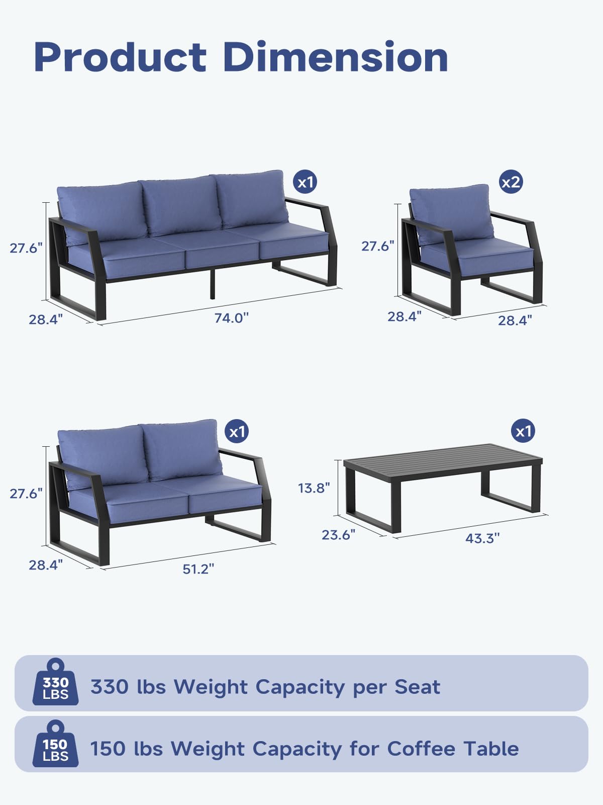 knocetx Oversized Outdoor Aluminum Patio Loveseat, 5" Thick Cushions Deep Seat Sofa, Modern Design with Wide Armrests, All-Weather Rustproof Frame for Backyard, Porch, Garden