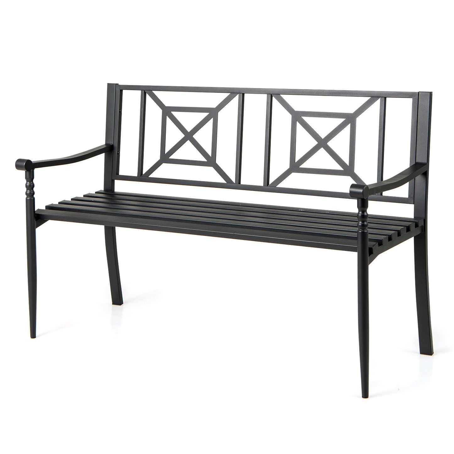 Giantex Metal Outdoor Bench with Backrest, Curved Armrests, Non-Slip Foot Pads, Slatted Seat for 2-3 Persons, Load 660lbs, Loveseat, Patio Bench for Garden, Yard, Poolside, Lawn, Porch, Park, Black