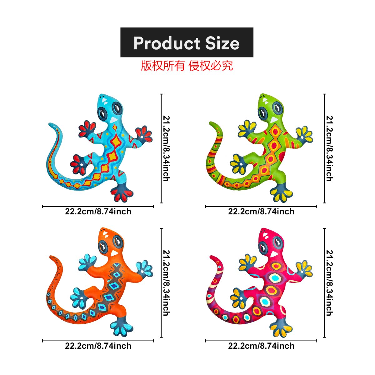 Kggetr Metal Gecko Wall Art Decor- Outdoor Lizards Hanging Decoration for Garden Yard Fence Patio Balcony(4 Pack)