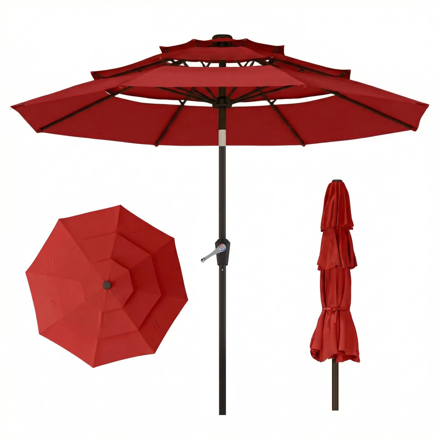 Tobeos 10ft 3 Tier Patio Umbrella, Outdoor Market Table Umbrella with UPF 50+ Vented Canopy, 8 Sturdy Ribs, Easy Push Button Tilt and Crank, Windproof for Deck, Pool, Backyard and Garden, Red