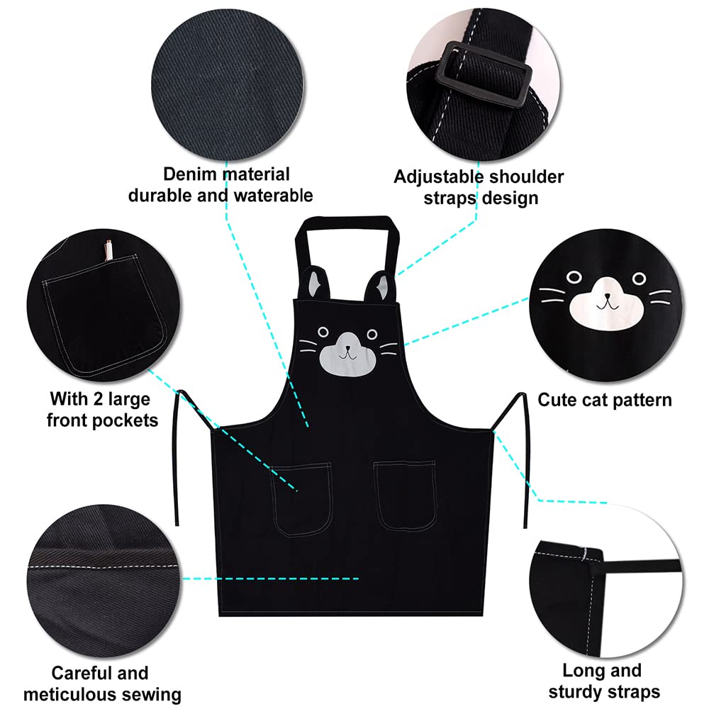 KIMCHOMERSE Apron with Cute Cat Pattern for Women Girls, Kitchen Apron with Front Pockets for Cooking Grilling Baking Serving Painting Gardening, Funny Gifts for Mom and Friends -Black