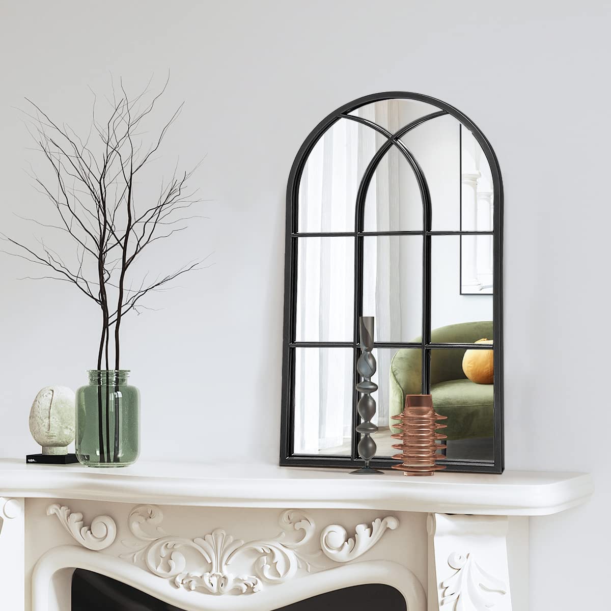 OGCAU Wall Mounted Mirror, 24"x42" Arched Wall Mirror, Arched Window Shaped Farmhouse Style with Iron Frame, Paneled Wall Decor for Bedroom, Entryway, Living Room (Black)