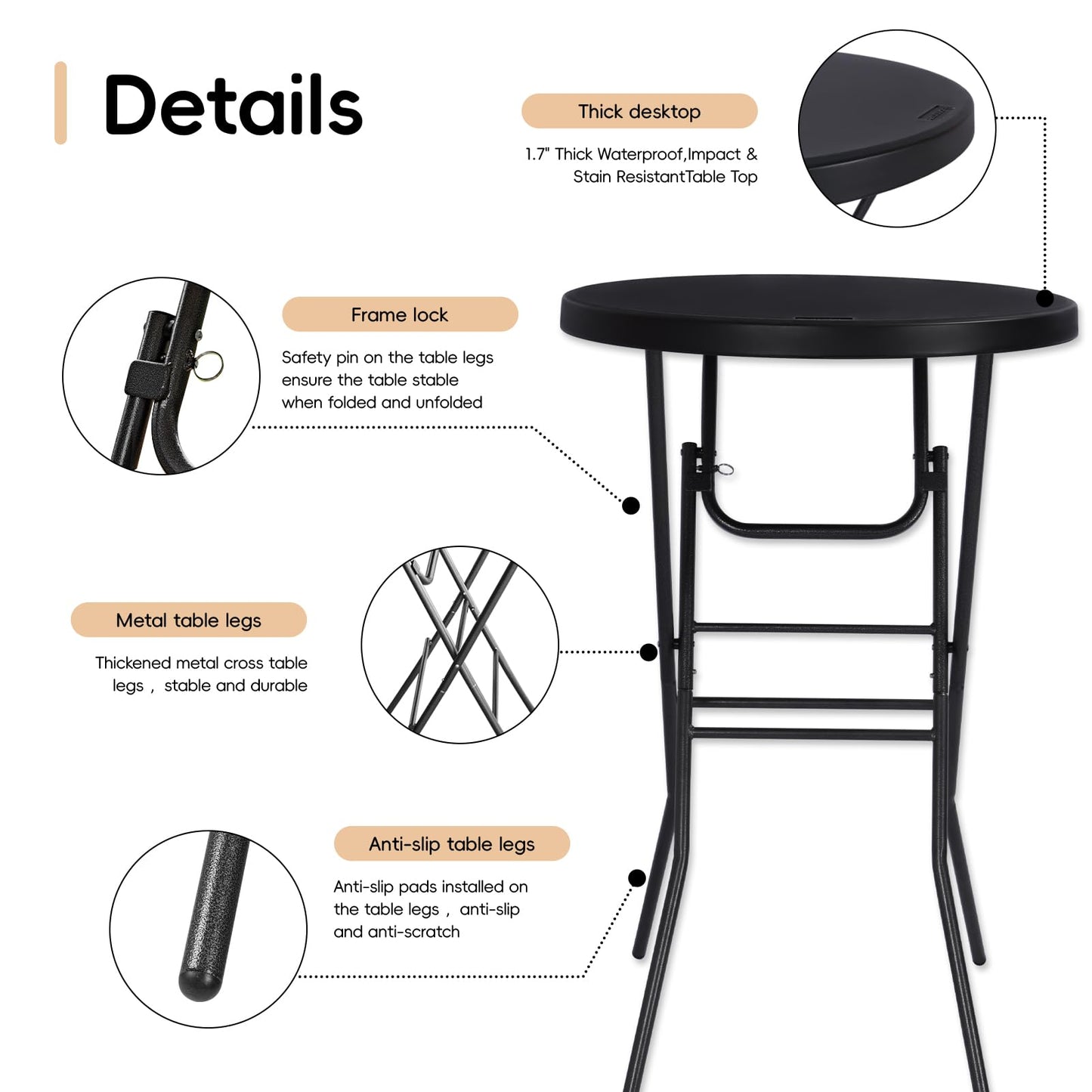 pollilar Cocktail Table 28in Portable Folding Bar Height Table, Compact Round High Top Plastic & Steel Bistro with Removable Legs, Indoor Outdoor RV Patio Catering Parties Commercial Events-Black