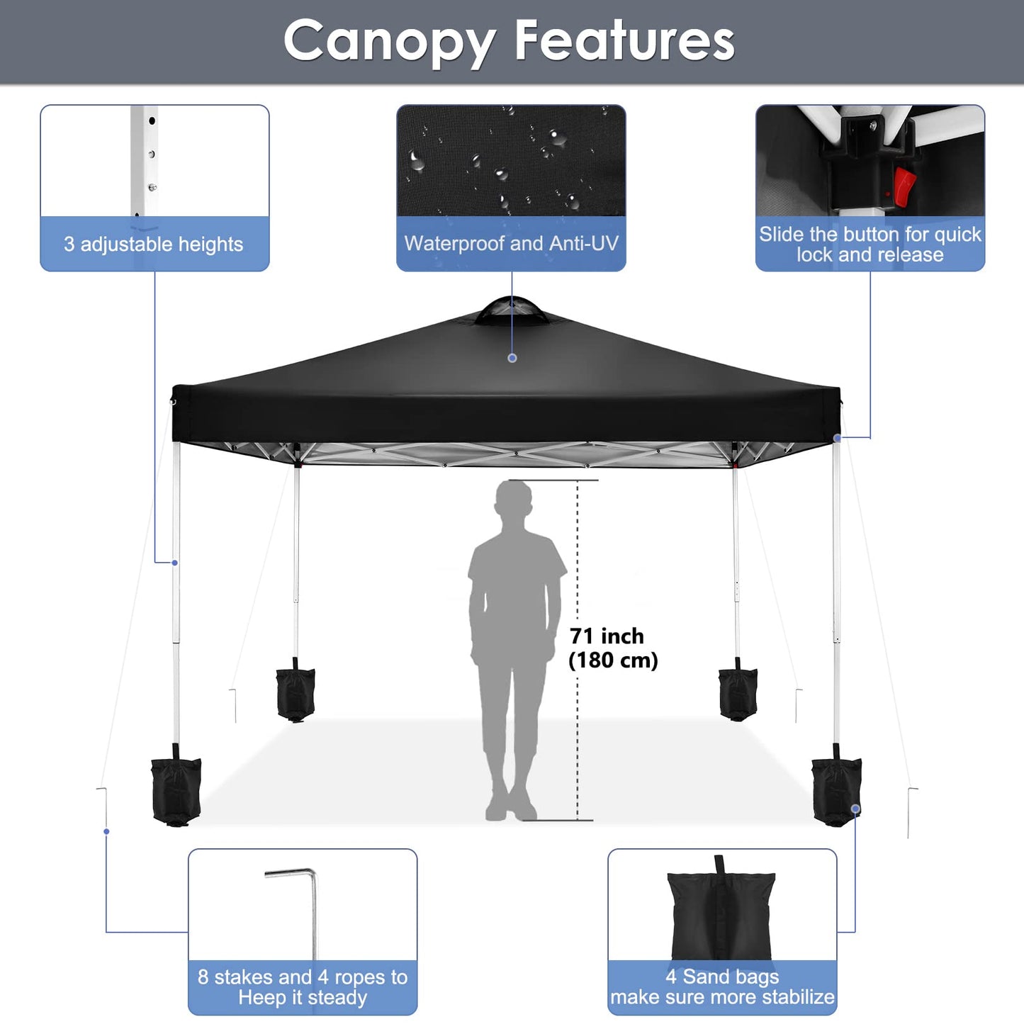 COBIZI Canopy 10x10 Pop Up Canopy Tent with 4 Sidewalls, One Push Party Tents for Parties Outdoor Wedding Waterproof Gazebo Commercial Event Tent with Sandbags, Classic Black