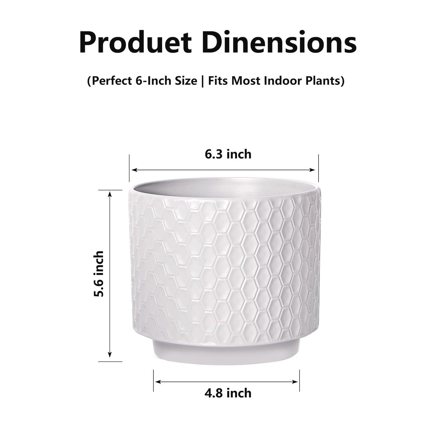 Kiolnoy 6 Inch Ceramic Pots for Indoor Plants with Drainage Hole & Floral Design, Planter for Home Decor on Windowsill, Tabletop, Office (White)