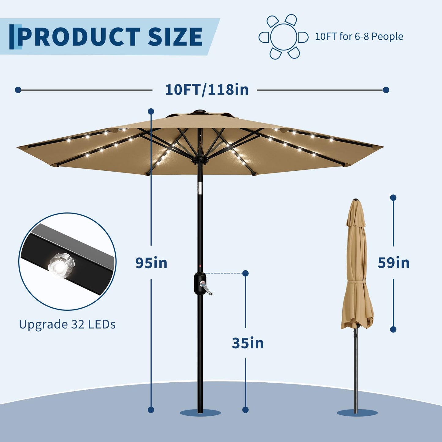 Garvee 10 FT Patio Umbrella with Solar Lights, Outdoor Table Umbrella with 8 Durable Ribs, Tilt & Crank Mechanism, Waterproof & UV Protection for Garden, Backyard, Poolside, Tan