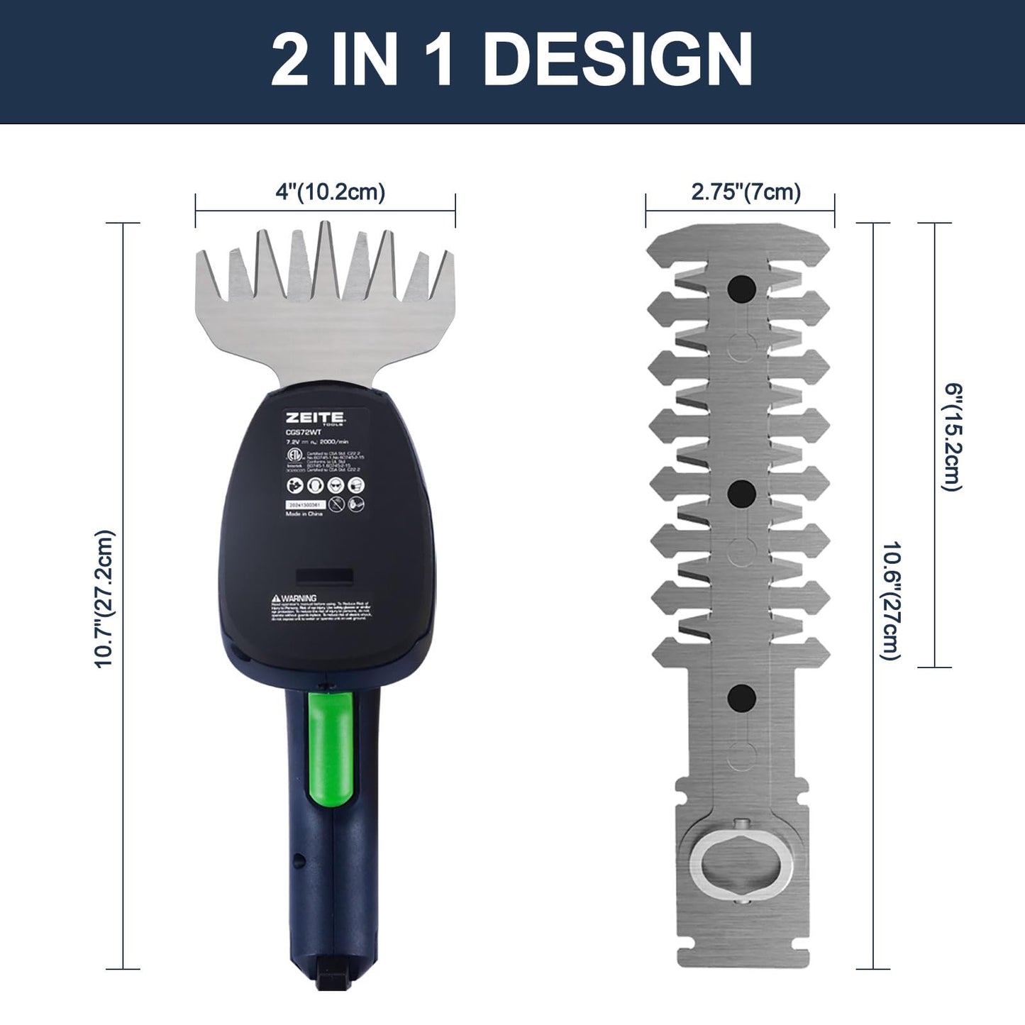 ZEITE 7.2V Grass Shear & Shrubbery Trimmer, 2-in-1 Cordless Grass Cutter and Mini Hedge Trimmer, Rechargeable Li-ion Battery and Charger,Long Handle,Versatile Garden Tool for Grass & Bush Trimming