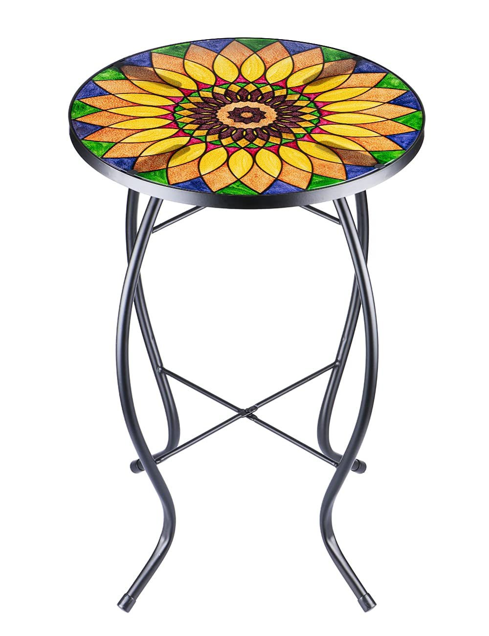 VCUTEKA Sunflower Outdoor Side Table, Mosaic Design, Small Glass Top, Round, Patio Side Table, Balcony Coffee Table, Indoor, 14 inches, Yellow