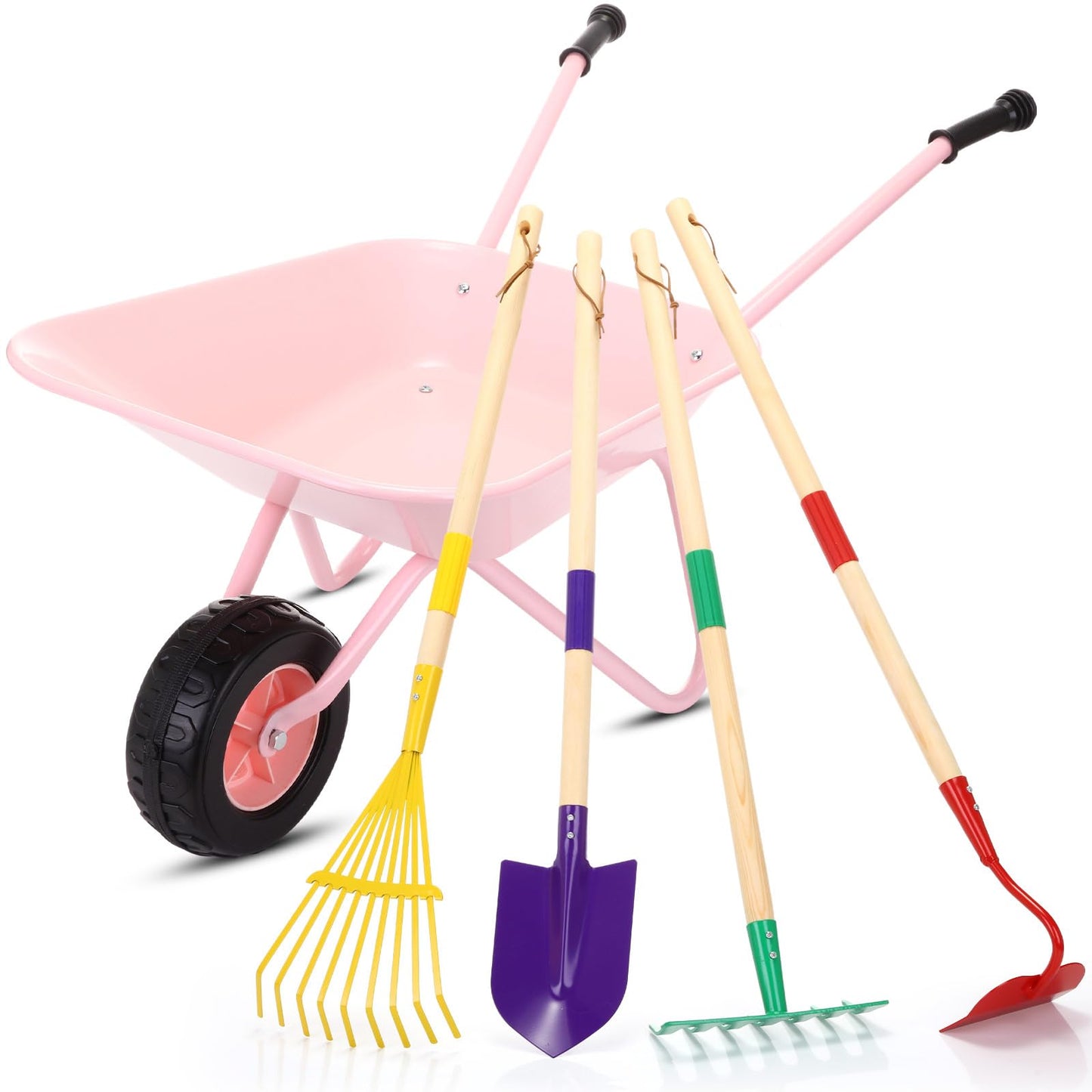 DaisyInner 5 Pcs Kids Gardening Tool Set Include Kids Wheelbarrow Metal Small Toddler Wheelbarrow Wagon with 4 Piece Kids Shovel, Rake, Hoe, Leaf Rake Wooden Gardening Tools for Boys and Girls (Pink)