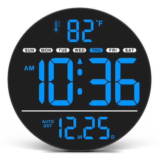 WallarGe Large Digital Wall Clock with LED Display, Electric Wall Clock with Temperature, Auto DST, Date, and Day, 5-Level Brightness for Office, Bedroom, Living Room, Classroom Décor