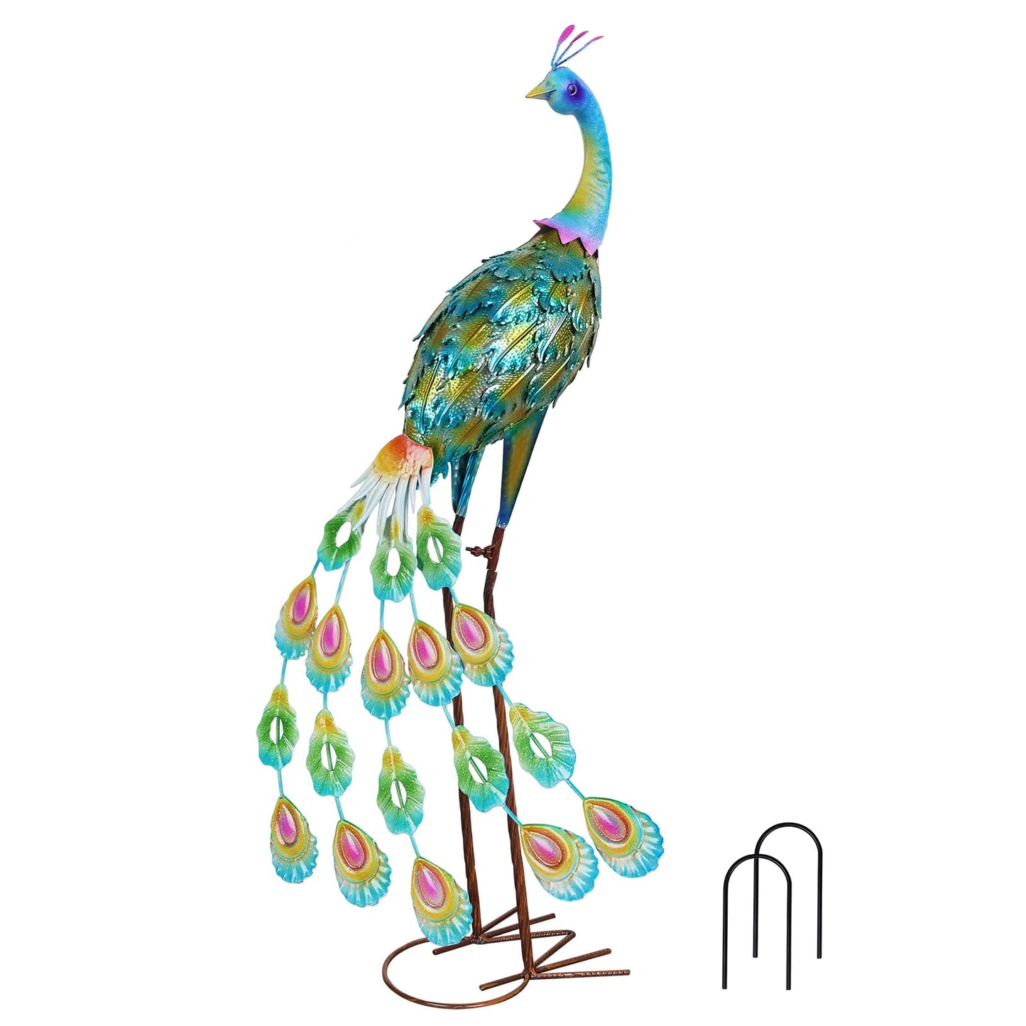 YEAHOME Garden Decor Outdoor Statues, 34" Large Metal Peacock Standing Yard Art, Blue Green Bird Lawn Sculptures Garden Decor for Outside Patio Porch Backyard