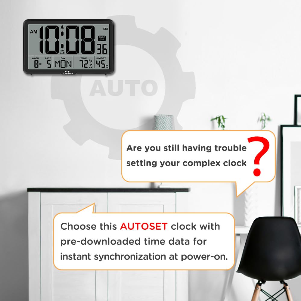 WallarGe Auto Set Digital Wall Clock Battery Operated, Desk Clocks with Temperature, Humidity and Date, Large Display Digital Calendar Alarm Clock for Elderly, Bedroom, Office, 8 Time Zone, Auto DST.