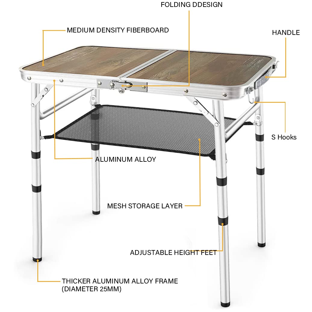 YihuiKo Small Folding Table, 3 Adjustable Heights Picnic Table, Outdoor Folding Table with Storage Mesh Layer, Portable Table for BBQ, Patio, and Indoor
