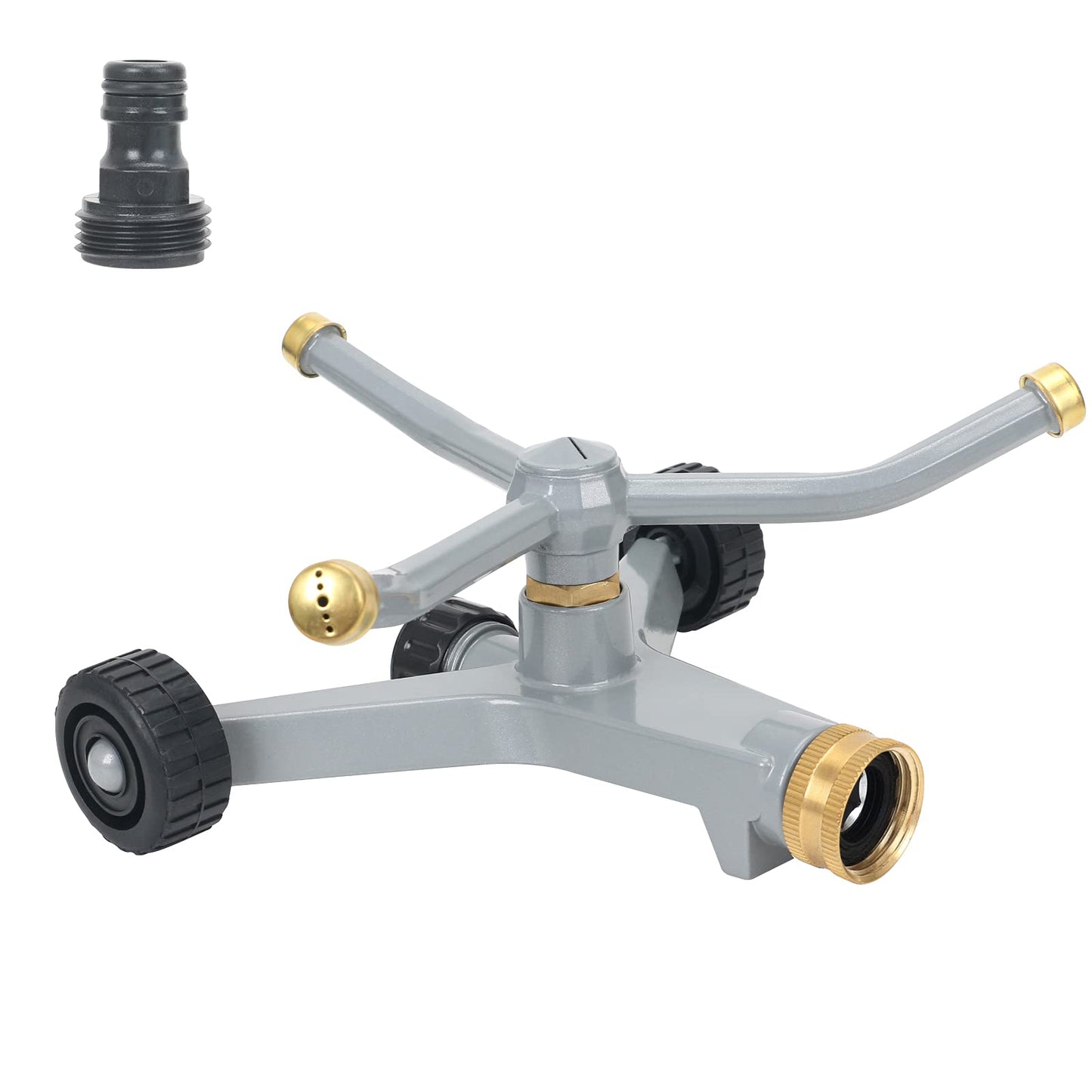 STYDDI Metal Rotating Water Sprinkler for Lawn, Heavy Duty Metal 3-Arms Whirling 360 Degree Automatic Rotary Sprinkler with Wheeled Base for Small Areas, Garden, Yard, Cover up to 1,384 Sq. ft.