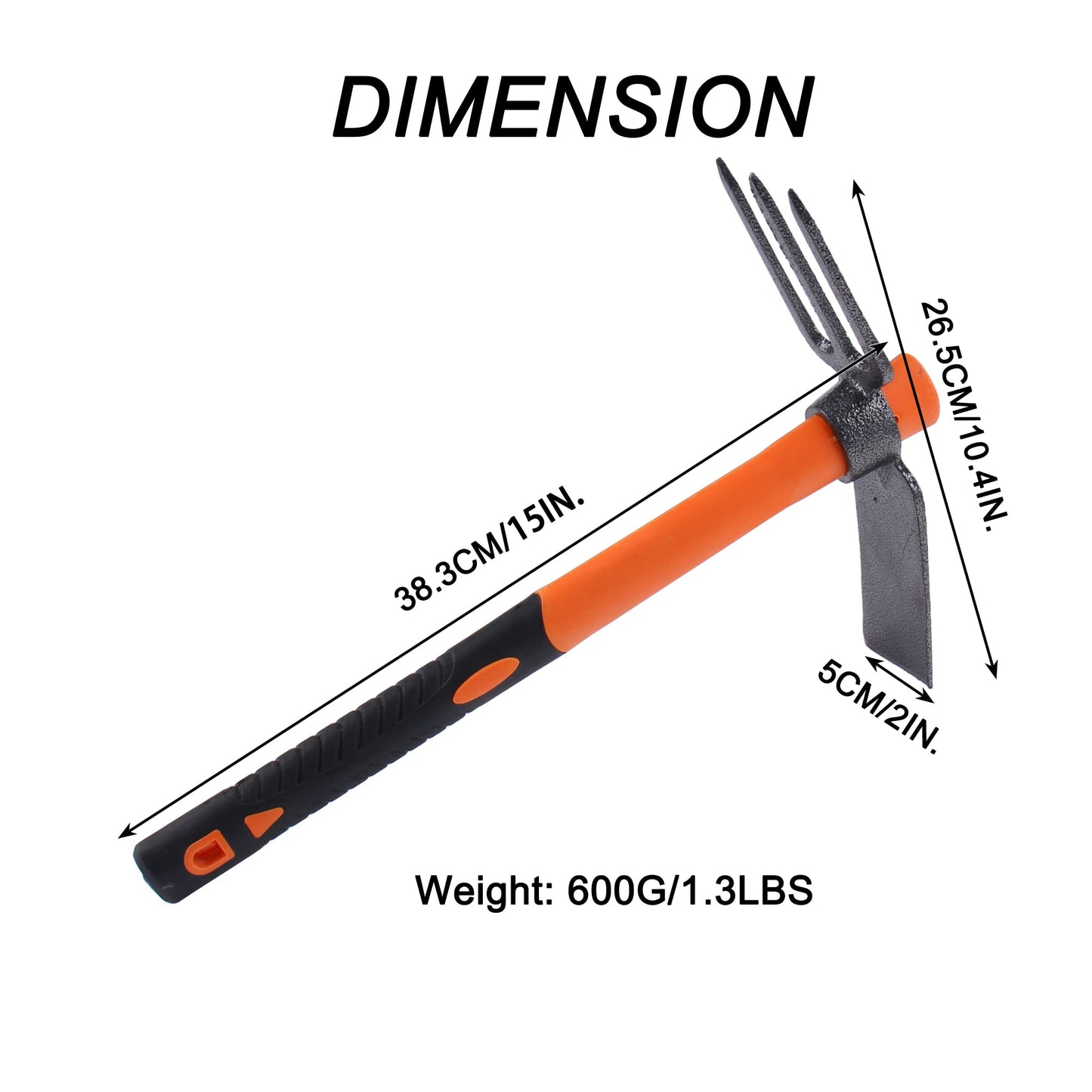 LUBAN 3 Sprongs Dual Head Rake Hoe with Heavy Duty Forged Adze and Ergonomic Non-Slip Handle for Loosening Soil, Gardening, Camping Outdoor 39mm/15-Inch