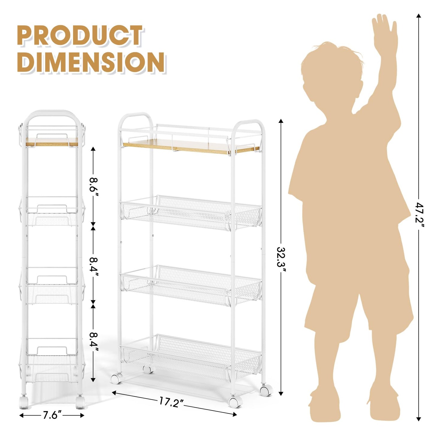 TOOLF 4-Tier Slim Rolling Cart, Metal Utility Cart, Slide Out Storage Cart with Wooden Tabletop and Mesh Baskets for Narrow Space on Kitchen Bathroom Laundry Room Bedroom Apartments Dormitory