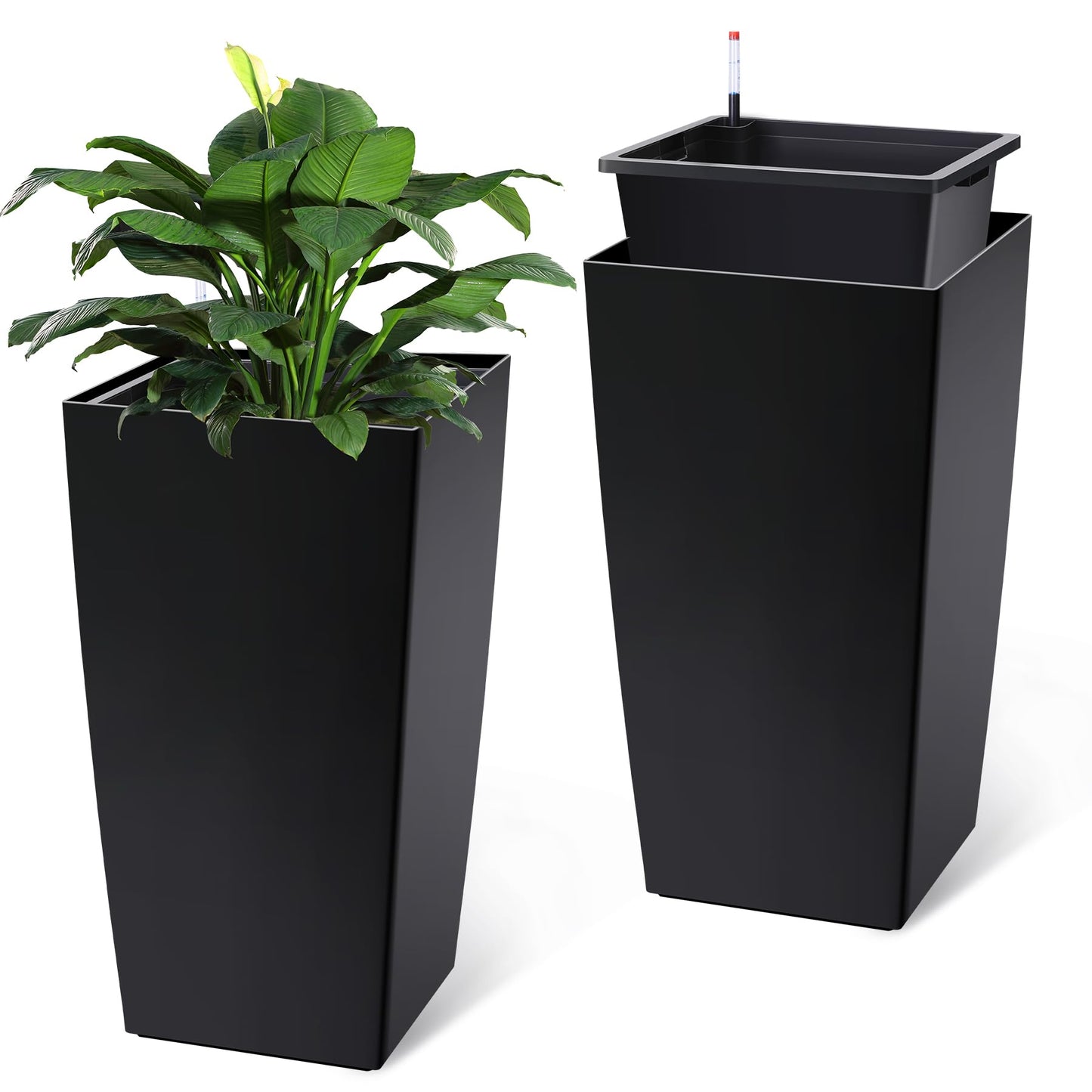 Garvee 30" Tall Planters Set of 2, Outdoor＆Indoor Black Planter Pots, High Front Porch Planter Pots with Drainage Holes＆Water Level Monitor＆Inner Bucket,Black