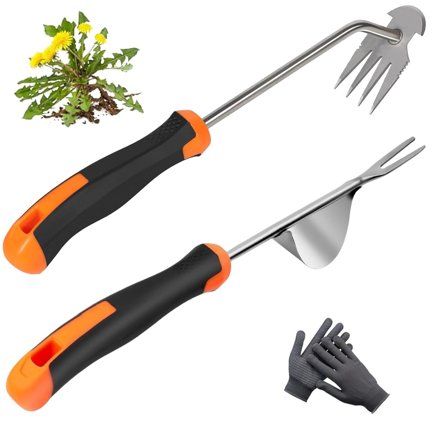 ANGKMA Weed Puller Tool， New Garden Weeder Tool Stainless Steel Hand Weeder Tool,4 Teethes Dual Purpose Weed Remover Tool Weeding Tools for Gardening(2PCS)