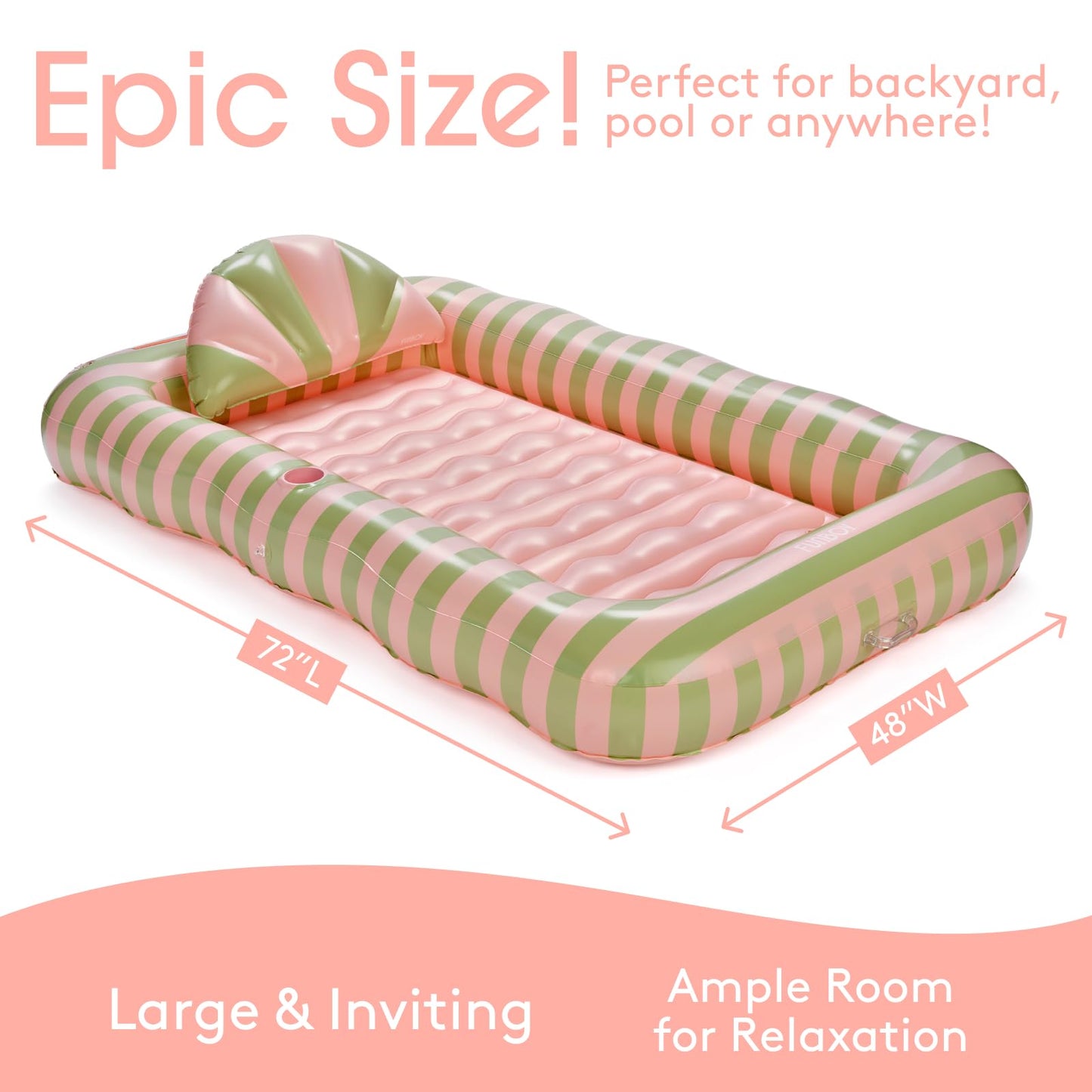 FUNBOY Tanning Pool Lounger Float Coral Stripe, XL 72'' x 48'' Pool Float with Custom Pillow and Large Cup Holder, Perfect for Pool or Backyard.