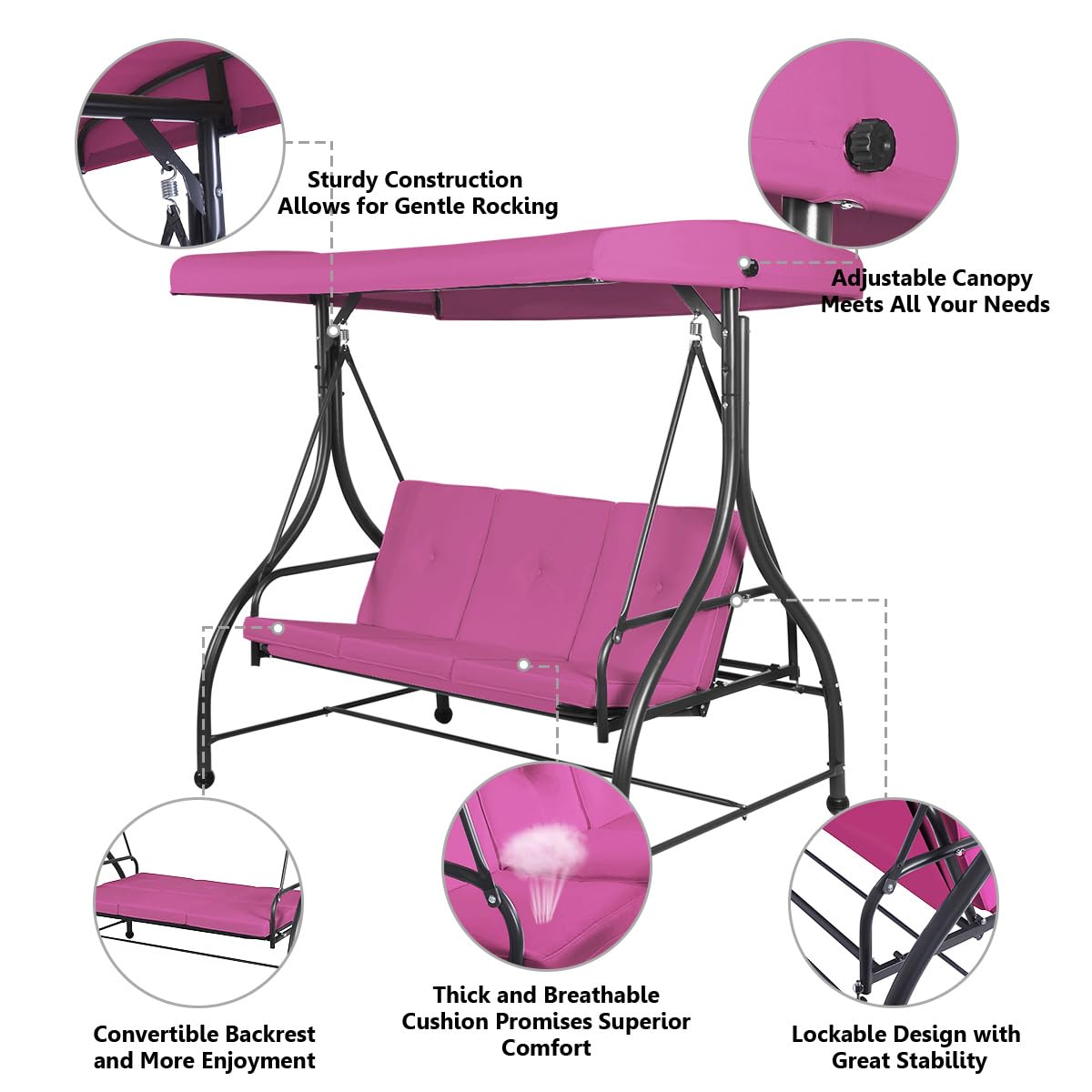 Tangkula 3 Seats Converting Patio Swing, Outdoor Porch Garden Canopy Swing with Comfortable Cushion Seats & Adjustable Tilt Canopy, Heavy Duty Hammock 3 Persons Porch Swing (Rose Red)
