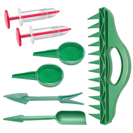 7PCS Mini Handheld Seed Spreader Set with Adjustable Speeds and 12-Hole Dibber Tool, Multifunctional Sowing Seeds Dispenser Planter Kit for Lawn Garden Farm Yard