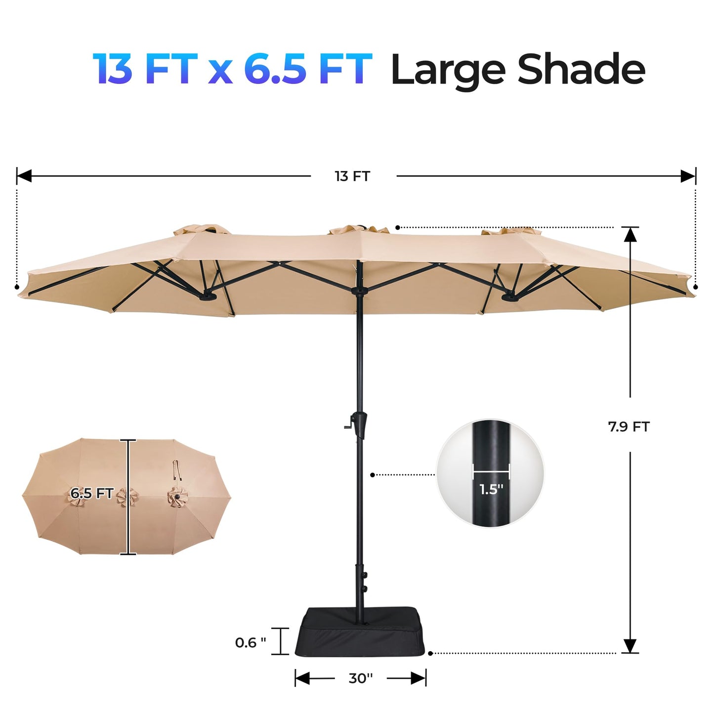 SUPERJARE 13FT Outdoor Patio Umbrella with Base Included, Double Sided Pool Umbrellas with Fade Resistant Canopy, Large Table Umbrella for Deck, Market, Backyard - Beige