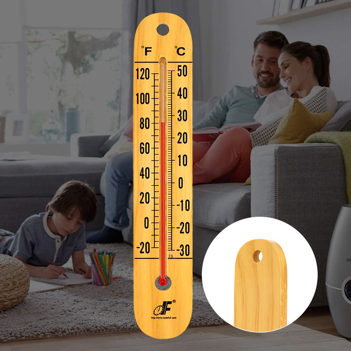Large 10.5 Inch Vertical Wood Thermometer for Indoor & Outdoor Use, Wide Range -20°F to 120°F / -30°C to 50°C, Battery-Free with Dual Fahrenheit & Celsius Scale,Weather Resistant, Easy to Hang