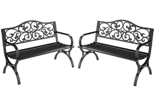 MFSTUDIO Outdoor Metal Bench Set of 2, 50 Inches Outdoor Garden Bench, Cast Iron Metal Frame Patio Park Bench with Floral Pattern Backrest, Arch Legs for Porch Lawn Yard, Black