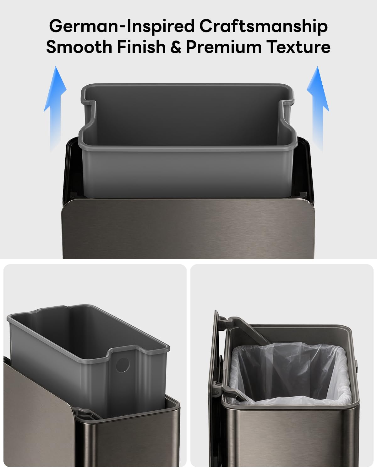 GTOOBOSE Kitchen Compost Bin, 10L/2.6G Trash Can with Lid, Slim Stainless Steel Hanging Garbage Bin for Kitchen, Bathroom, Bedroom, Office, Wall Mounted Compost Bin with Inner Bucket,Titanium Grey
