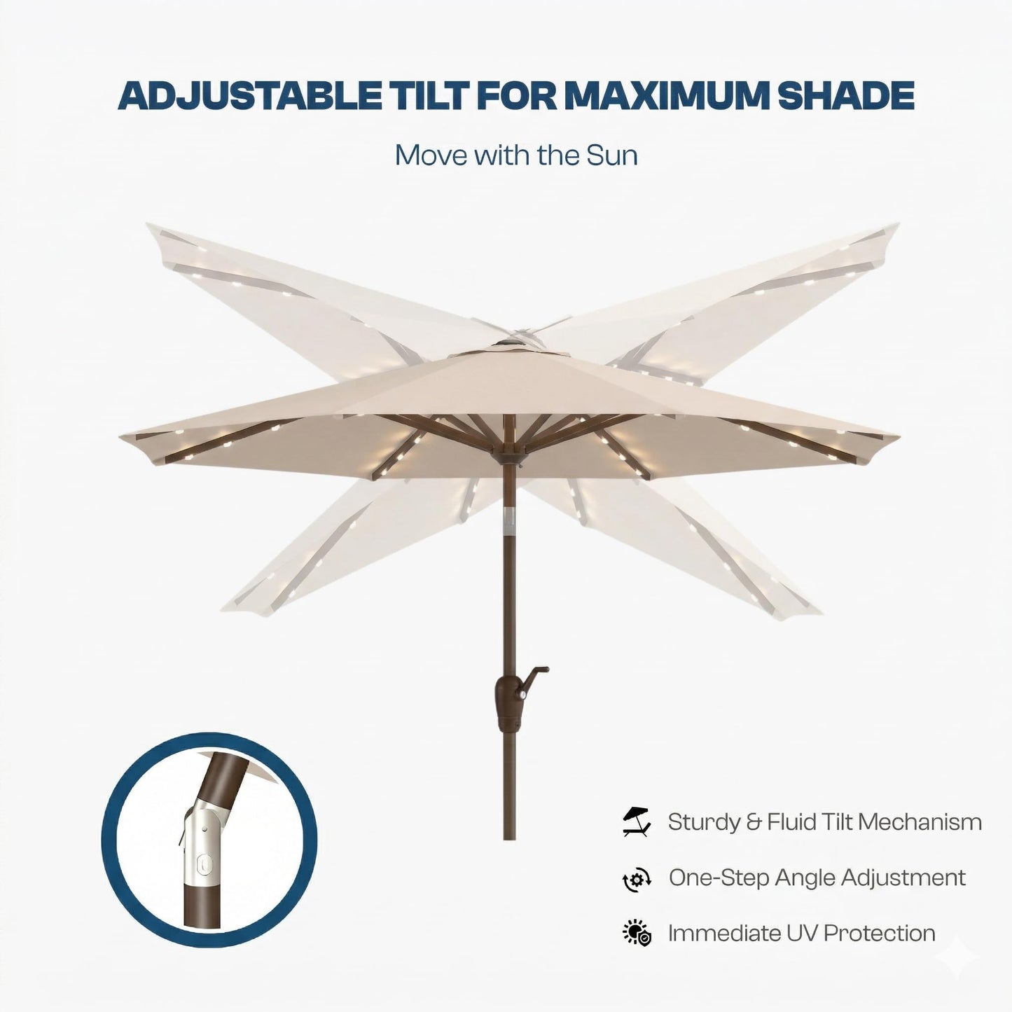 Patio Kingdom 10FT Solar Patio Umbrella with Lights, Outdoor Table Market Umbrella with 32 LED Lights, 8 Sturdy Ribs, Push Button Tilt and Crank for Pool, Deck and Garden, UV-Resistant, Beige