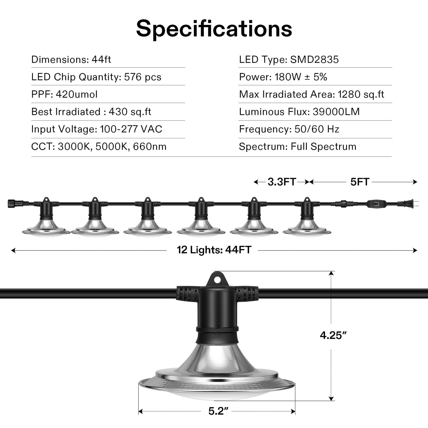 VIVOSUN Outdoor LED Grow Lights, Waterproof String Grow Light, Full Spectrum Plant Growing Lights with 44Ft Adjustable Cord for Seedling, Veg, Flower in Greenhouse, Garden, Backyard, Farm (12-Light)
