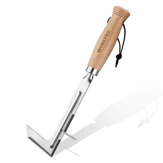 WORKPRO Crack Weeder, 12" Stainless Steel Crevice Weeding Tool with Beech Wood Handle, L-Shaped Side-Walk Weed Puller Spatula, for Garden Lawn Yard Patio Terrace Paving Moss, Small Gardening Tool