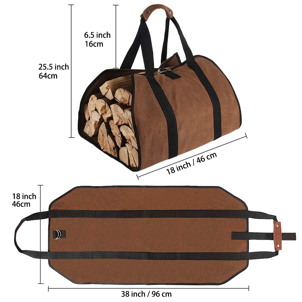 Tenn Well Firewood Carrier, 38in x 18in 16oz Waxed Canvas Log Carrier for Firewood, Wood Carrying Bag with Handles Securing Straps for Indoors Camping Trip, Gifts for Men Dad Husband (Brown)