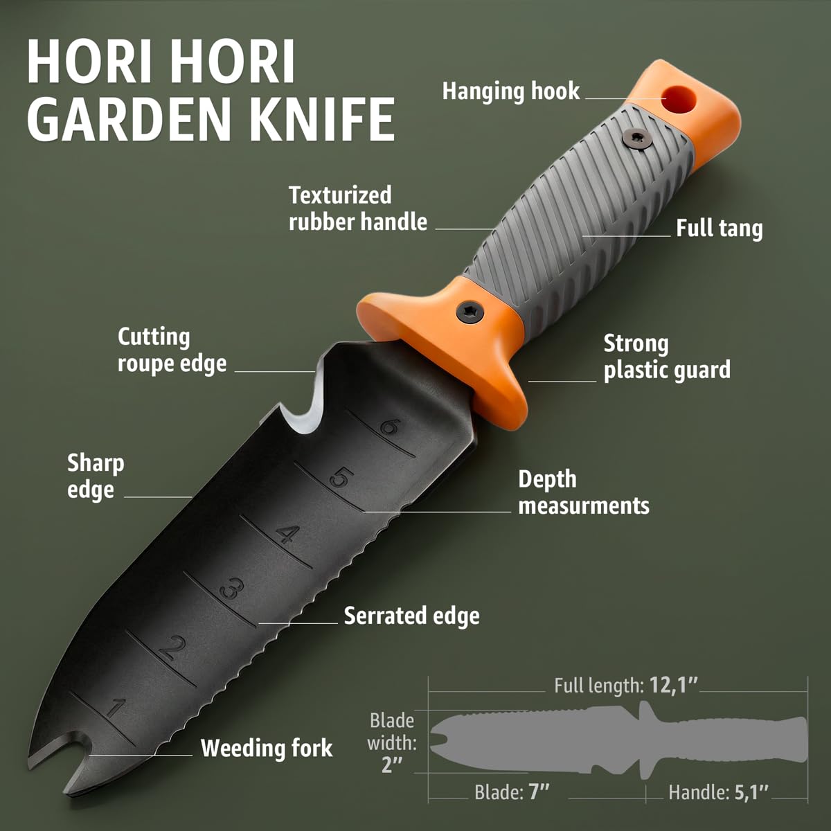 Hori Hori Garden Knife 7" with Sheath – Heavy Duty Stainless Steel Multi-Purpose Tool for Weeding, Digging & Planting, Serrated & Straight Full-Tang Blade with Weeding Fork, Safety Non-Slip Handle