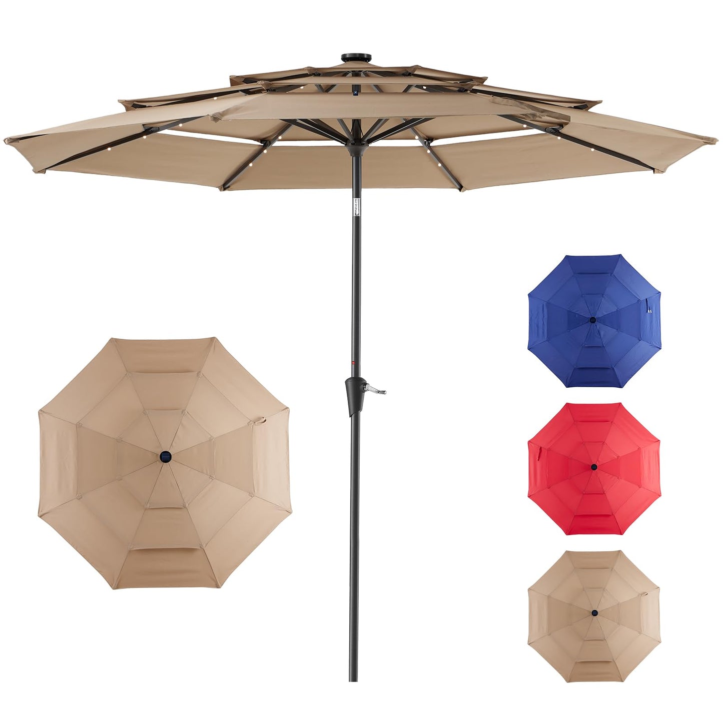 NEWBULIG 10FT 3 Tiers Solar LED Lights Patio Umbrella, Outdoor Umbrella Adjustable Angles and Height, UV Resistant, for Day, Night, Shading, Camping, pool and Patio