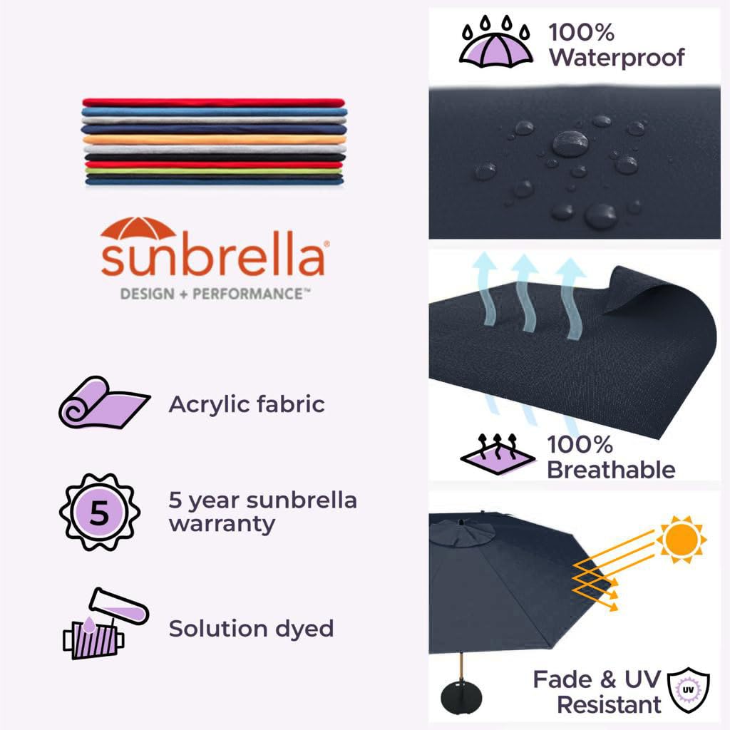 Midtown Umbrellas Wooden 2-8 Ft Patio Umbrella with 360° Swivel & Tilt Mechanism, 8 Fiberglass Ribs & Sunbrella Fabric - Outdoor Umbrella for Deck, Pool & Garden - Burgundy Canopy, Wooden Pole