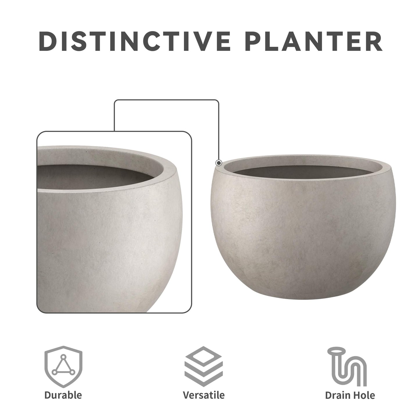 Kante 15.7" Dia Round Concrete Planter, Outdoor/Indoor Large Bowl Plant Pots with Drainage Hole and Rubber Plug for Garden Patio Balcony Home, Weathered Concrete