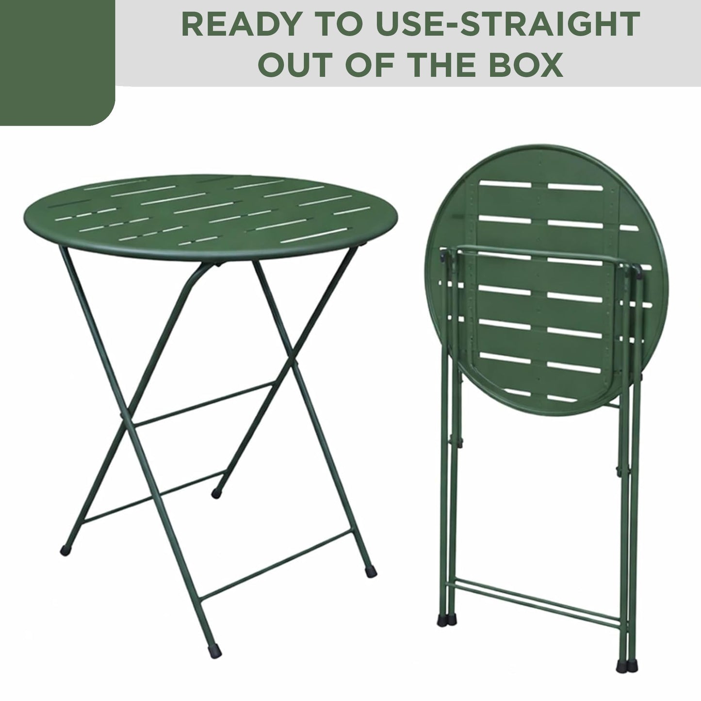 Alpine Corporation VTFAM168A-GN 3-Piece Green Metal Folding Bistro Set – 20" Round Patio Table with 2 Folding Chairs – Portable Indoor/Outdoor Balcony & Garden Furniture Set