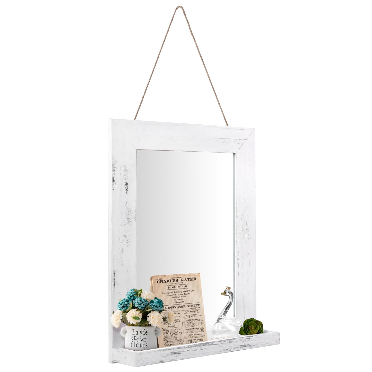 QDSSDECO 16"×20" Wall Mirror with Shelf Farmhouse Decor Rectangular Mirror Hanging for Bathroom, Vanity, Bedroom, Entryway, Living Room,White with Hemp Rope