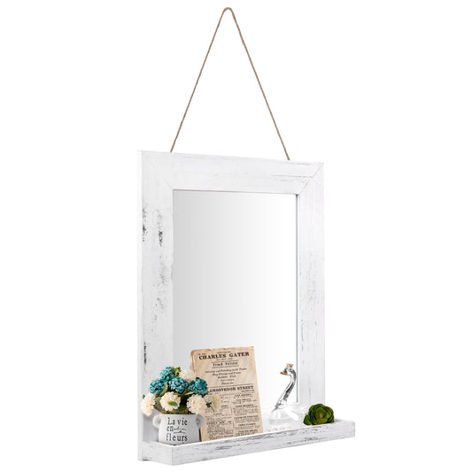 QDSSDECO 16"×20" Wall Mirror with Shelf Farmhouse Decor Rectangular Mirror Hanging for Bathroom, Vanity, Bedroom, Entryway, Living Room,White with Hemp Rope
