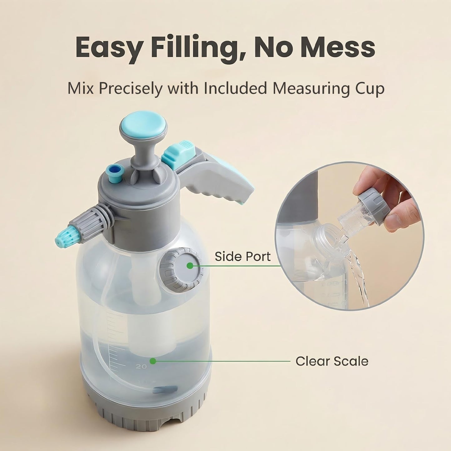 70oz/0.5 Gallon Hand Pump Sprayer,Clear Water Spray Bottle with Measuring Cup and Side Filling Port,Adjustable Nozzles,Portable Pressure Spray Bottle for Spraying Plants,Flowers,Weeds and Cleaning