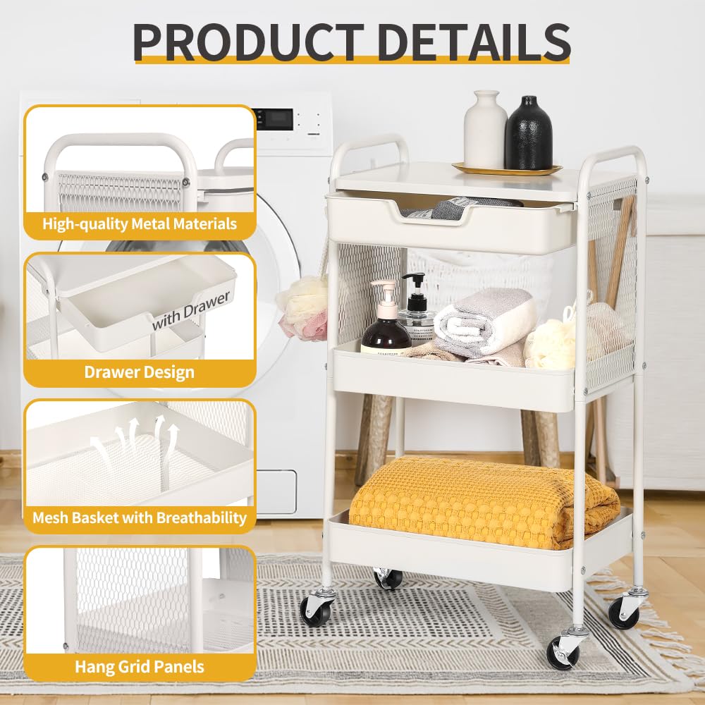CRUDATE 3-Tier Rolling Cart with Drawer, Metal Utility Storage Cart Organizer with Lockable Wheels&Hanging Cups&Hooks, Mobile Storage Craft Carts Trolley with Mesh Shelves for Kitchen, Office-White