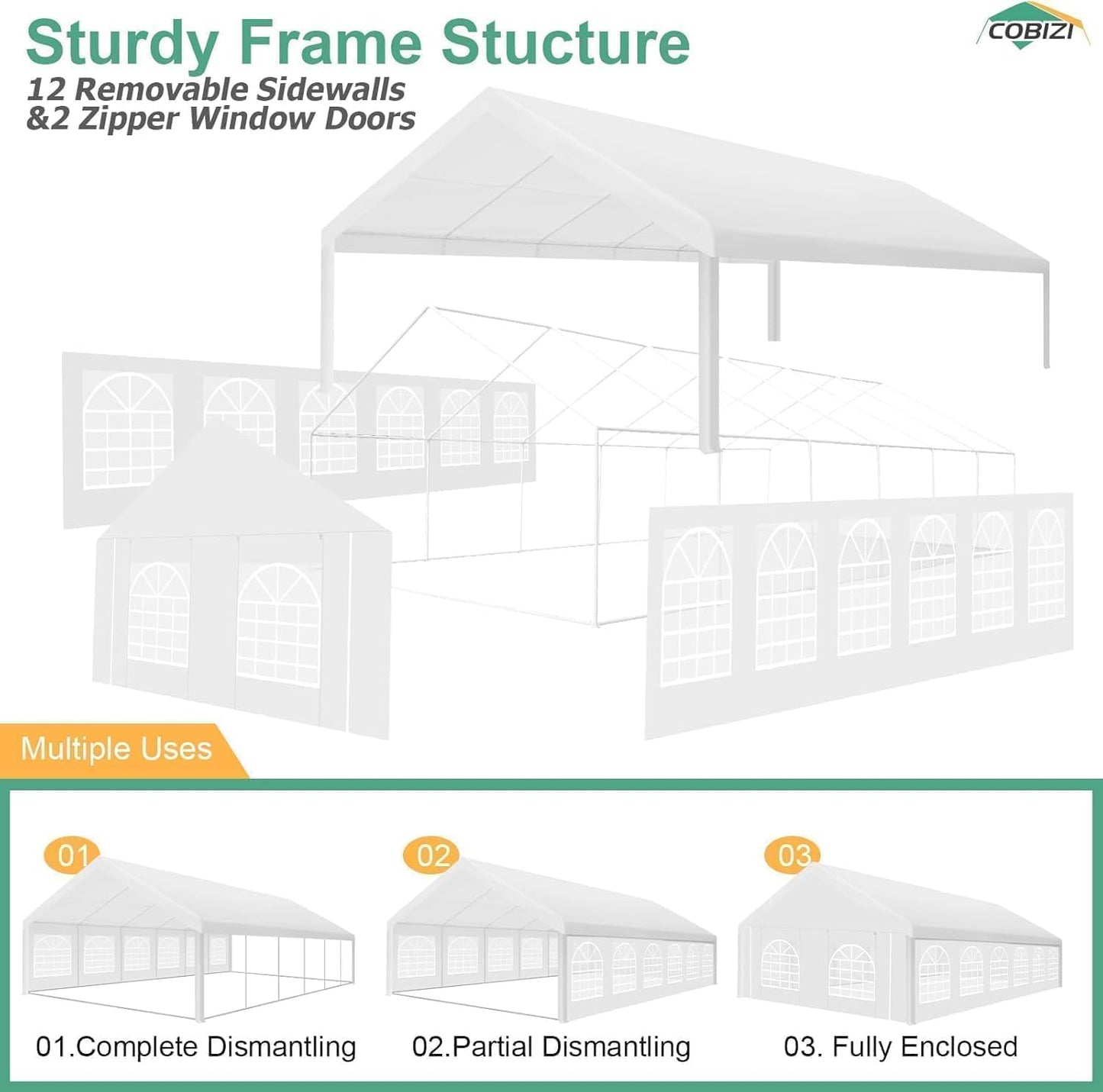 COBIZI 20x40FT Party Tent Heavy Duty Outdoor Gazebo with 12 Sidewall & 16 Church Windows, White Event Shelter Wedding Canopy Tent for Parties BBQ, Powder Coating (Better Than Galvanized)