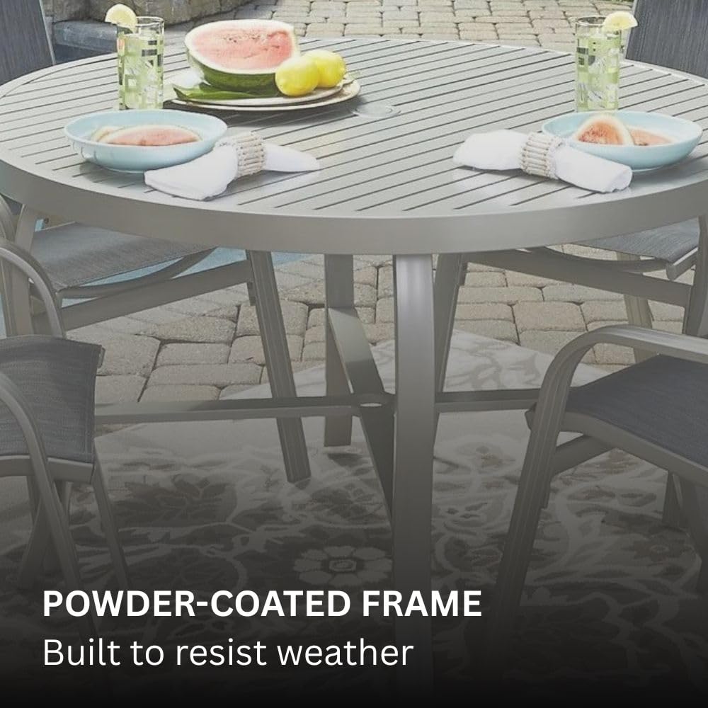 Homestyles Captiva 48" Outdoor Patio Dining Table for 4, Aluminum Round Table with Umbrella Hole for Deck Lawn Garden Backyard, Gray