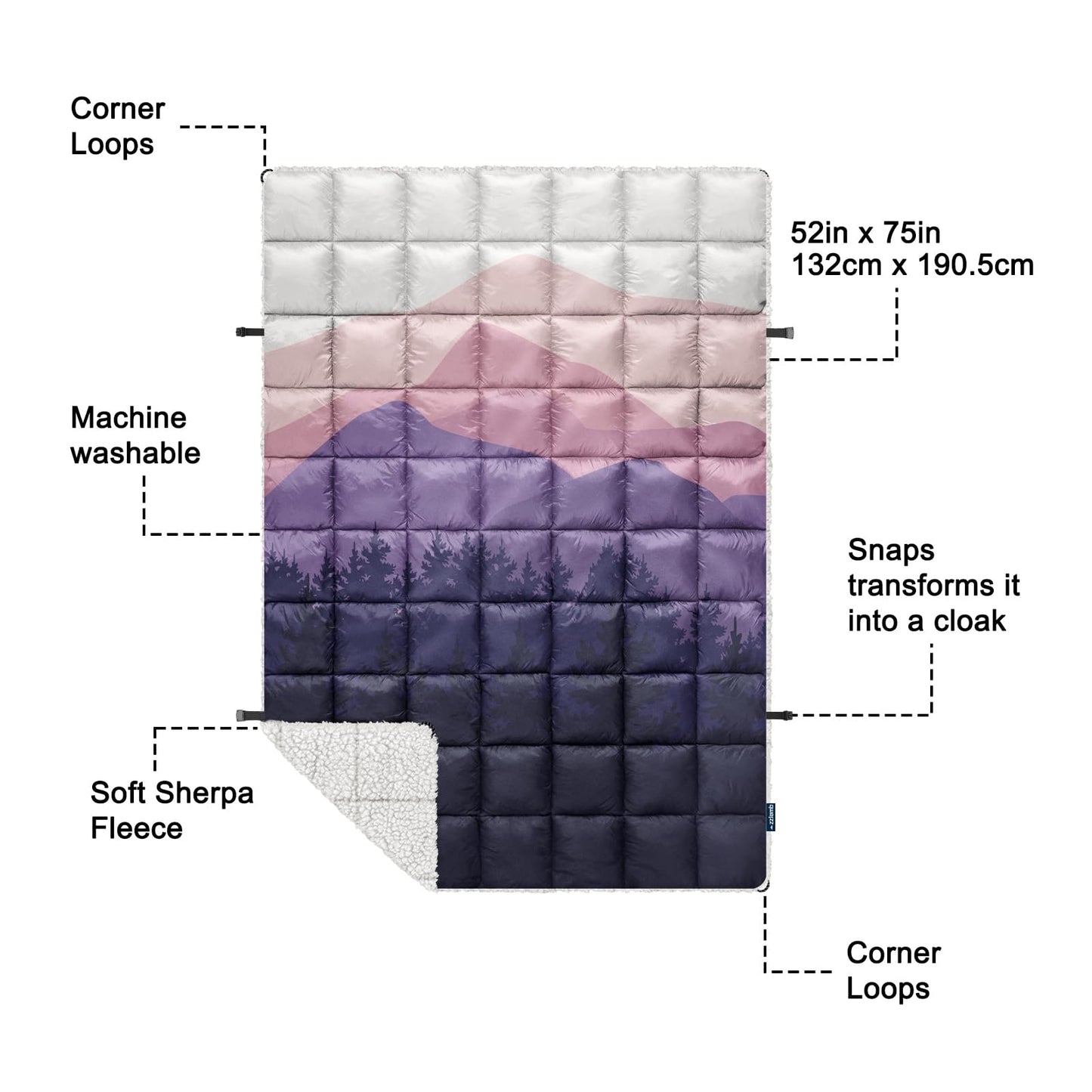 zzlamb Sherpa Puffy Camping Blanket,Outdoor Warm Wearable Fleece Blankets for Cold Weather,Camp Quilt with Sherpa Lining for Sleeping,Traveling,Backpacking,Picnics,Stadium 52x75in Lavender Ridge Fade