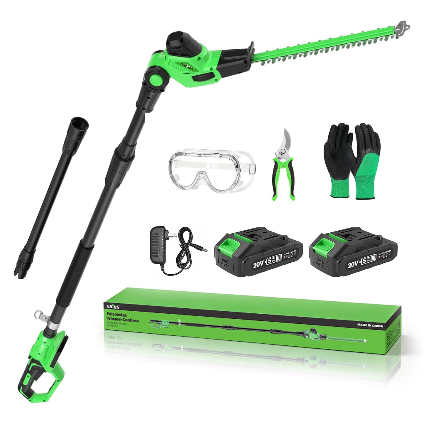 SOYUS Pole Hedge Trimmer Cordless, 18-inch Electric Hedge Trimmer with Extension Pole, 16-Foot Max Reach, Multi-Angle, 2 * 2.0Ah Batteries and Charger Included