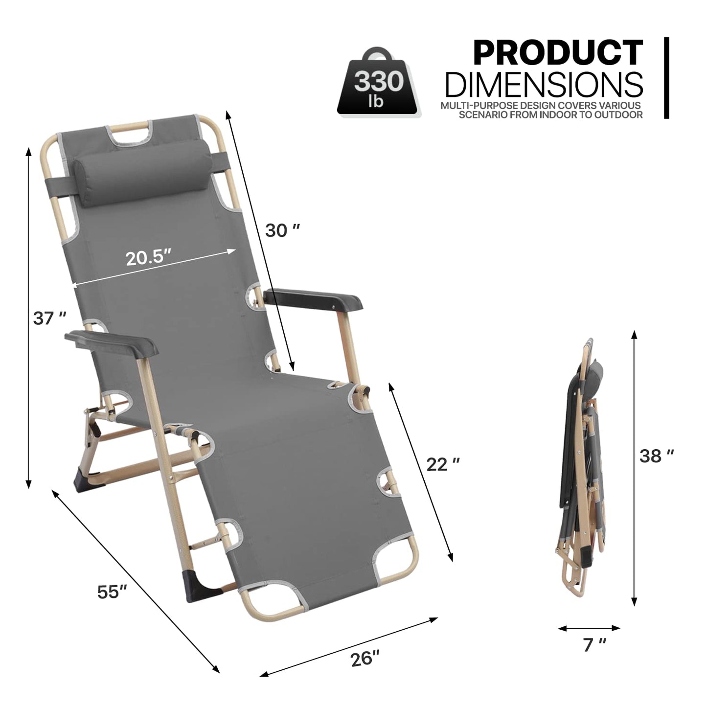 MoNiBloom Patio Lounge Chair Set of 2 Folding Lawn Lounger Outdoor Camp Reclining Chair with Adjustable Headrest for Garden Yard Pool Side, 330lbs Capacity